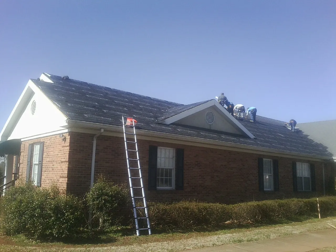 Crew tearing shingles off a brick ranch roof with a ladder set — Emergency Roof Repair work by our crew in Mango